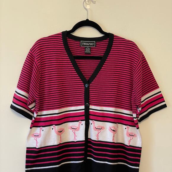 Vintage XL Terazzo short sleeve button up blouse strip flamingo kitsche pink - Picture 2 of 7